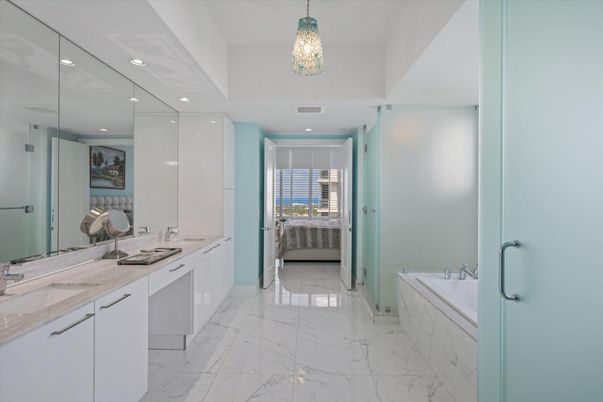 Bathroom, Dual Sink Vanities, Interior, Marble, Pendant Lights, Recessed Lighting