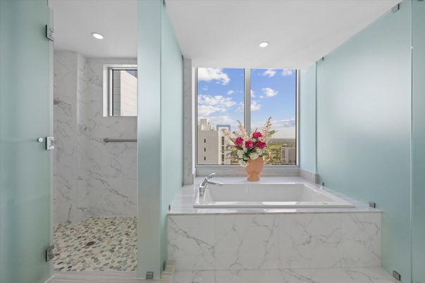 Bathroom, Glass Shower, Interior, Marble Walls, Recessed Lighting