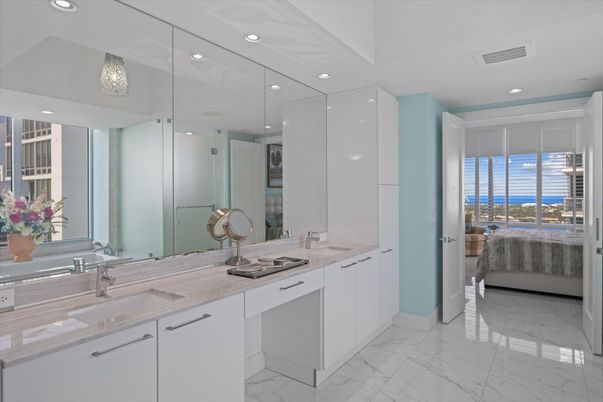 Bathroom, Bedroom, Dual Sink Vanities, Glass Shower, Interior, Marble, Recessed Lighting