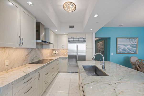 Interior, Kitchen, Marble, Recessed Lighting, Stainless Steel Appliances