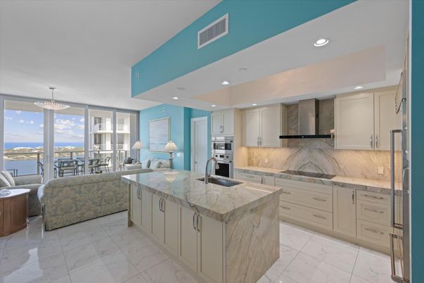 Interior, Kitchen, Living room, Marble, Recessed Lighting, Stainless Steel Appliances, Water