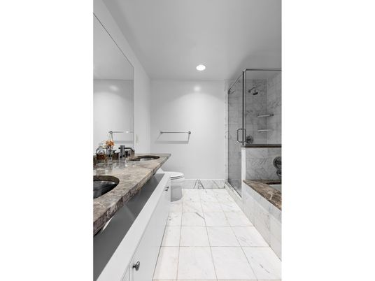 Bathroom, Dual Sink Vanities, Glass Shower, Interior, Marble, Recessed Lighting