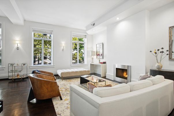 Fireplace, Interior, Living room, Recessed Lighting, Wood Texture Flooring