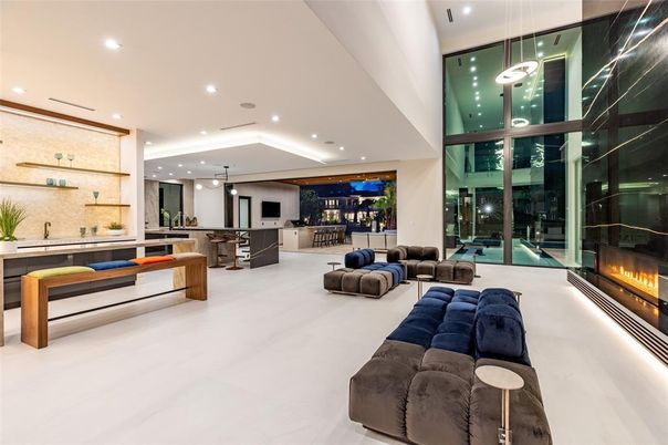 Fireplace, Interior, Kitchen, Living room, Pendant Lights, Recessed Lighting