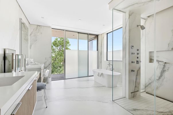 Bathroom, Free Standing Baths, Glass Shower, Interior, Marble, Marble Walls, Recessed Lighting