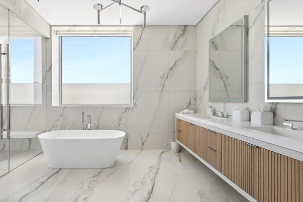 Bathroom, Dual Sink Vanities, Free Standing Baths, Interior, Marble, Marble Walls