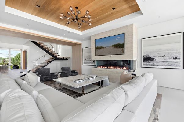 Fireplace, Interior, Living room, Recessed Lighting, Wooden Ceilings, Wood Texture Flooring