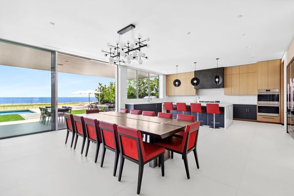 Dining room, Interior, Kitchen, Pendant Lights, Recessed Lighting, Stainless Steel Appliances, Water