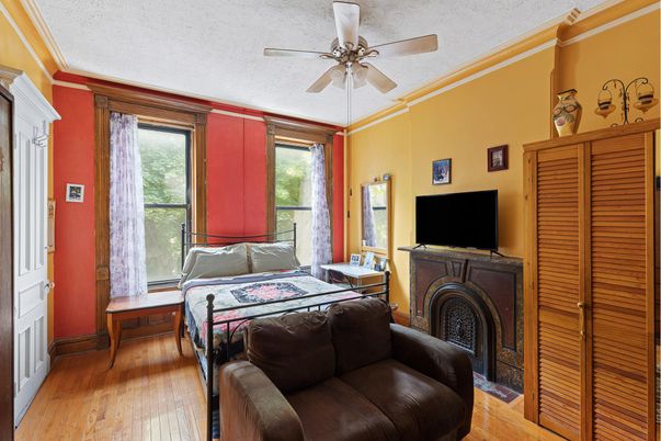Bedroom, Fireplace, Interior, Wood Texture Flooring