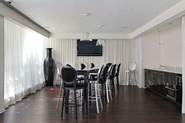 Dining room, Interior, Pendant Lights, Recessed Lighting, Wood Texture Flooring