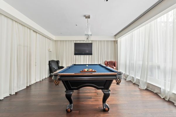 Billiard Table, Game Room, Interior, Pendant Lights, Recessed Lighting, Wood Texture Flooring