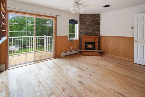 Empty room, Fireplace, Interior, Stone Walls, Wood Texture Flooring