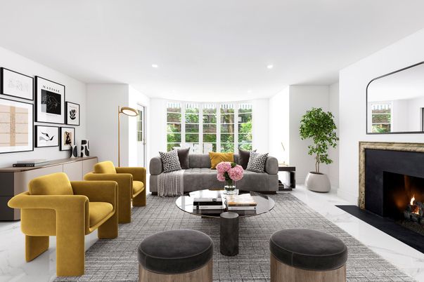 Fireplace, Interior, Living room, Marble, Recessed Lighting