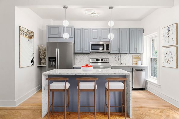 Interior, Kitchen, Pendant Lights, Stainless Steel Appliances, Wood Texture Flooring