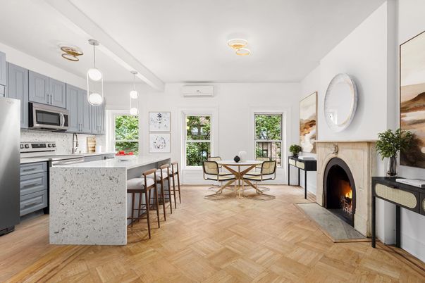Dining room, Fireplace, Interior, Kitchen, Pendant Lights, Wood Texture Flooring
