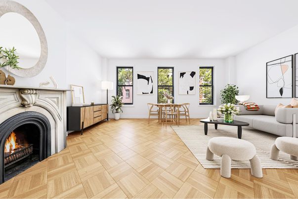 Dining room, Fireplace, Interior, Living room, Wood Texture Flooring