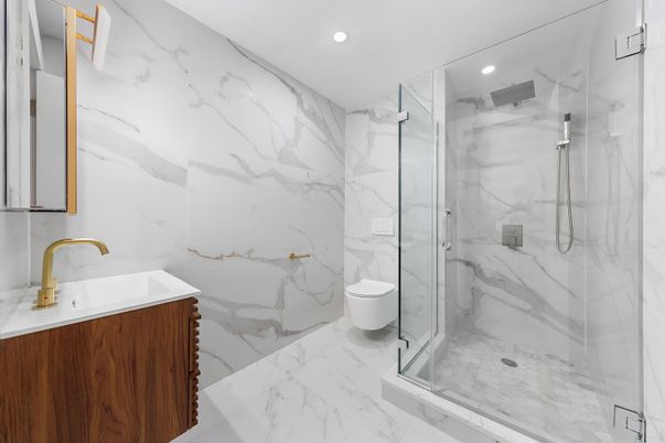 Bathroom, Glass Shower, Interior, Marble, Marble Walls, Recessed Lighting