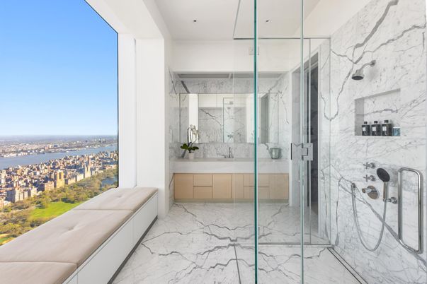 Bathroom, Glass Shower, Interior, Marble, Marble Walls, Recessed Lighting, Water