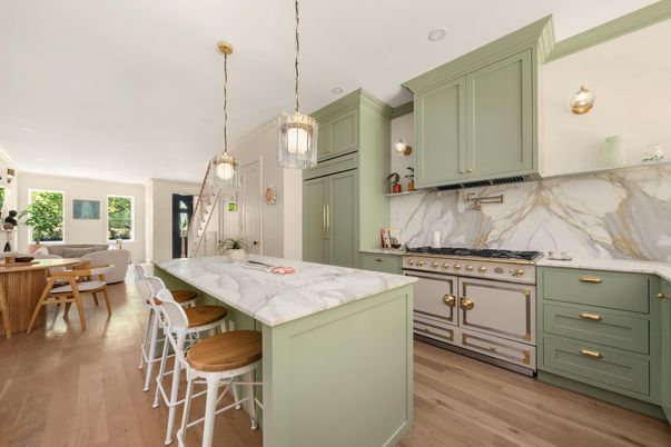 Dining room, Interior, Kitchen, Marble Walls, Pendant Lights, Stainless Steel Appliances, Wood Texture Flooring