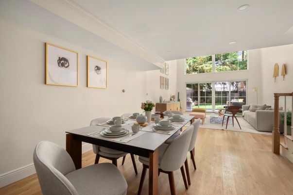 Dining room, Interior, Living room, Recessed Lighting, Wood Texture Flooring