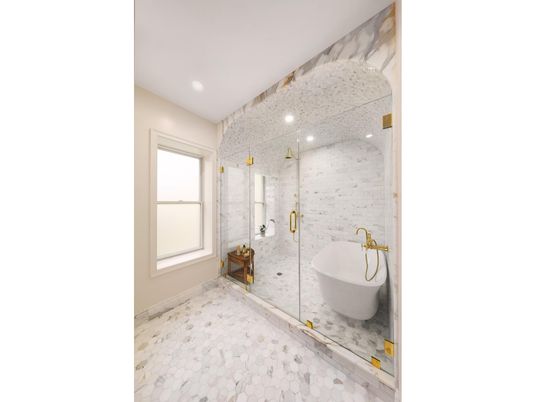 Bathroom, Free Standing Baths, Glass Shower, Interior, Marble, Recessed Lighting