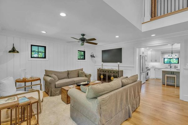 Fireplace, Interior, Kitchen, Living room, Pendant Lights, Recessed Lighting, Wood Texture Flooring