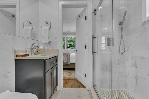 Bathroom, Glass Shower, Interior, Marble, Marble Walls, Wood Texture Flooring