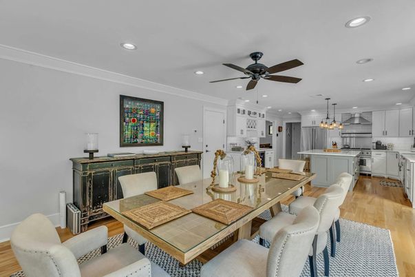 Dining room, Interior, Kitchen, Pendant Lights, Recessed Lighting, Wood Texture Flooring