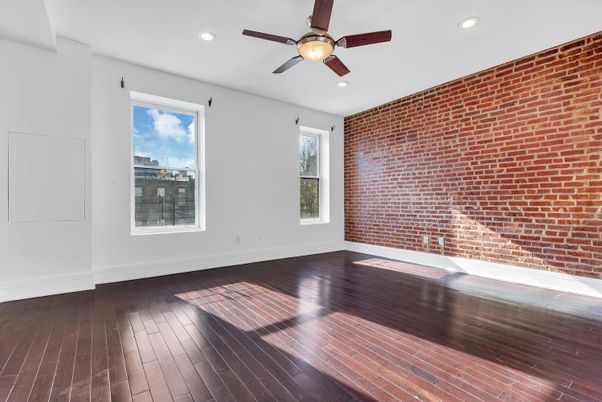 Empty room, Interior, Recessed Lighting, Stone Walls, Wood Texture Flooring