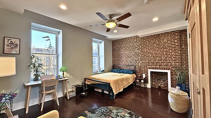 Bedroom, Interior, Recessed Lighting, Stone Walls, Wood Texture Flooring
