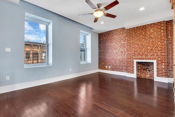 Empty room, Interior, Recessed Lighting, Stone Walls, Wood Texture Flooring