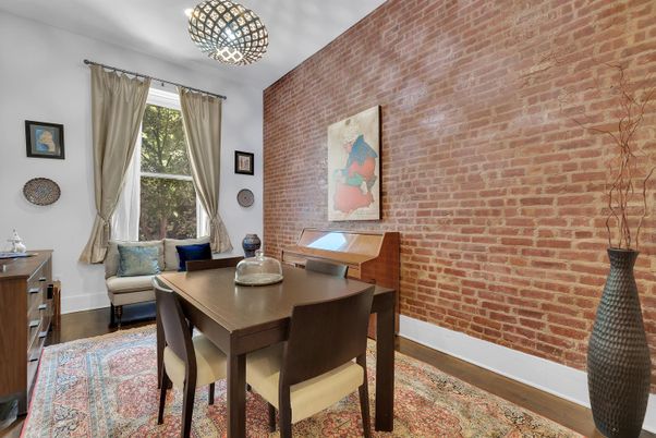 Dining room, Interior, Pendant Lights, Stone Walls, Wood Texture Flooring