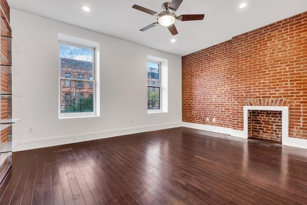 Empty room, Interior, Recessed Lighting, Stone Walls, Wood Texture Flooring