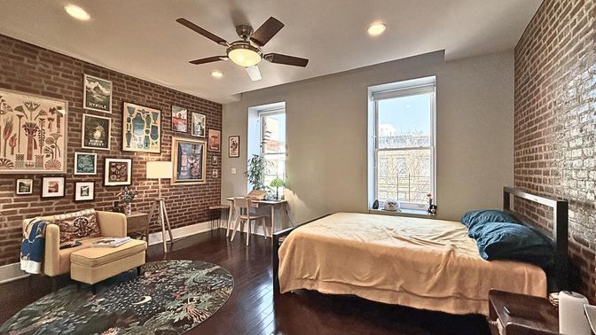 Bedroom, Interior, Recessed Lighting, Stone Walls, Wood Texture Flooring