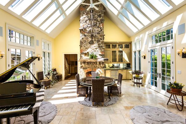 Dining room, Fireplace, Glass Ceilings, Interior, Piano, Sun Room