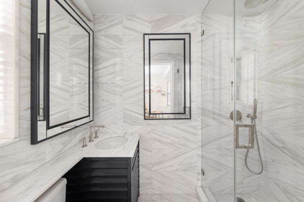 Bathroom, Glass Shower, Interior, Marble Walls