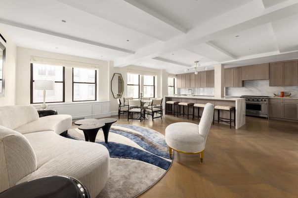 Dining room, Interior, Kitchen, Living room, Recessed Lighting, Stainless Steel Appliances, Wood Texture Flooring
