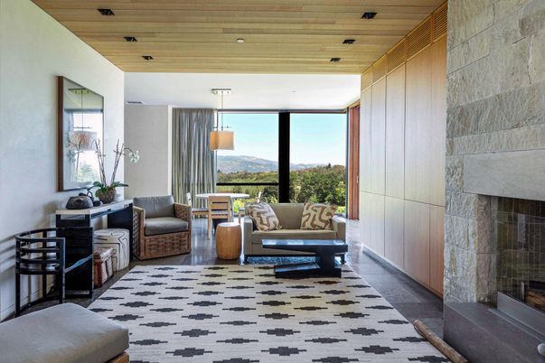 Fireplace, Interior, Living room, Pendant Lights, Recessed Lighting, Stone Walls, Wooden Ceilings