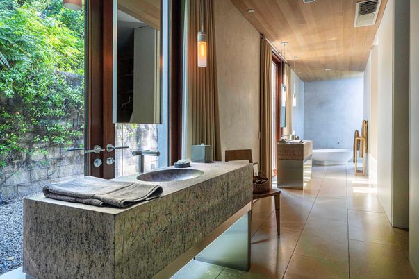 Bathroom, Dual Sink Vanities, Interior, Pendant Lights, Recessed Lighting, Wooden Ceilings