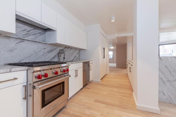 Interior, Kitchen, Marble Walls, Stainless Steel Appliances, Wood Texture Flooring