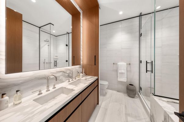 Bathroom, Dual Sink Vanities, Glass Shower, Interior, Marble, Recessed Lighting