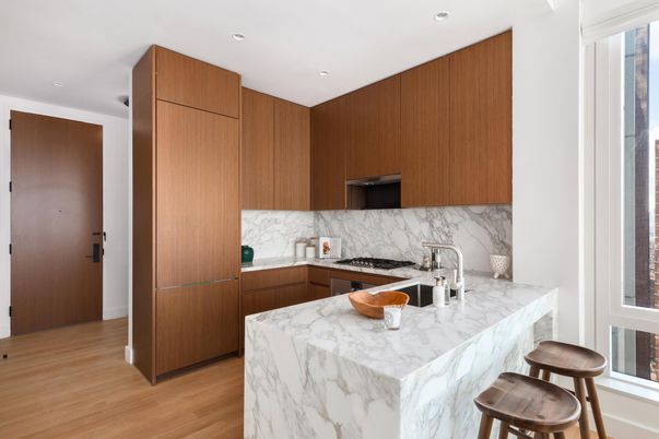 Interior, Kitchen, Marble Walls, Recessed Lighting, Wood Texture Flooring