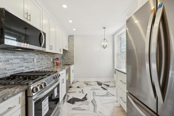 Interior, Kitchen, Marble, Pendant Lights, Recessed Lighting, Stainless Steel Appliances