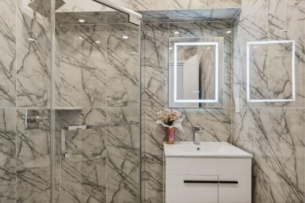 Bathroom, Glass Shower, Interior, Marble Walls