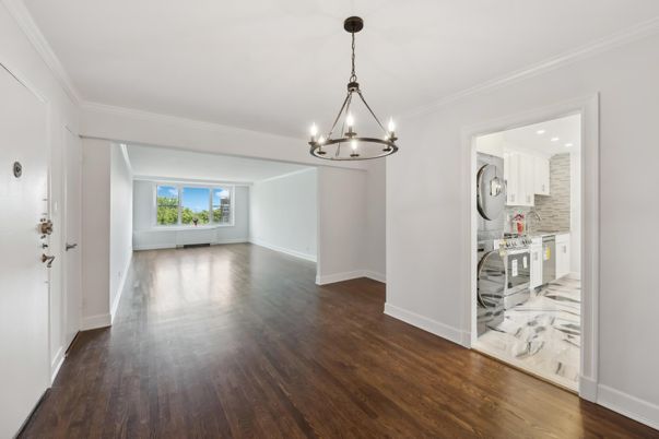 Chandelier, Empty room, Interior, Kitchen, Wood Texture Flooring