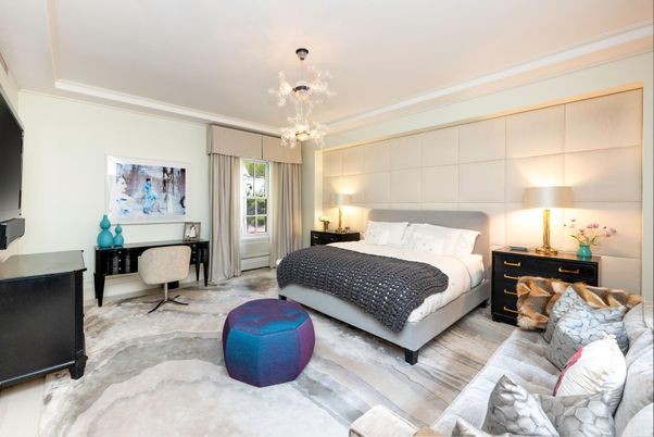 Bedroom, Interior, Pendant Lights, Wood Texture Flooring