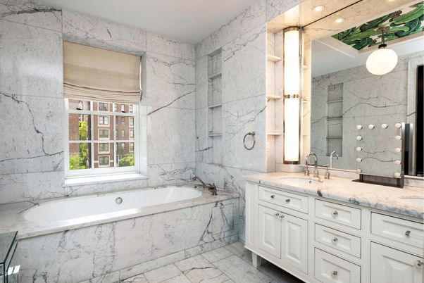 Bathroom, Dual Sink Vanities, Interior, Marble, Marble Walls, Pendant Lights
