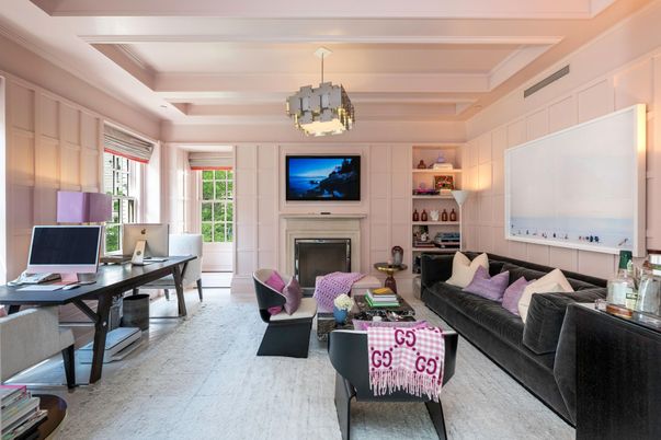 Chandelier, Fireplace, Home Office, Interior, Living room, Pendant Lights, Wood Texture Flooring