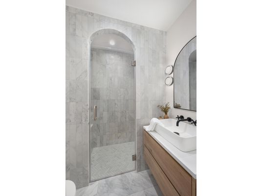 Bathroom, Glass Shower, Interior, Marble, Marble Walls, Recessed Lighting