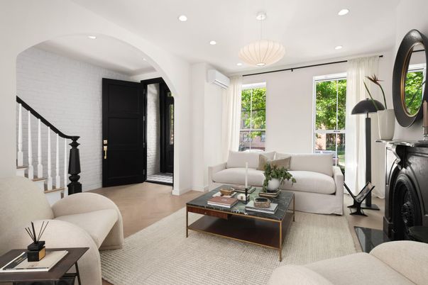 Fireplace, Interior, Living room, Pendant Lights, Recessed Lighting, Stone Walls, Wood Texture Flooring